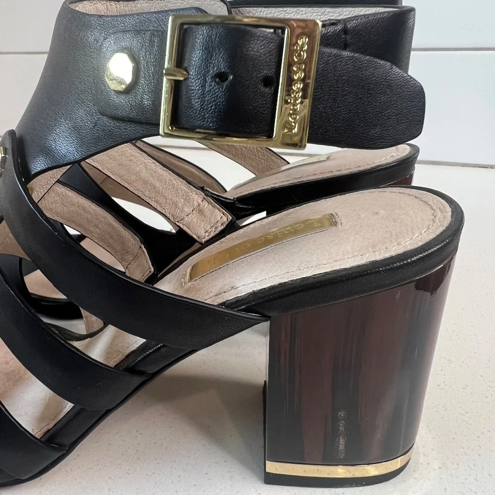 Louise et Cie Lo-Vira black leather sandals, tortoise color block heel - Picture 14 of 15